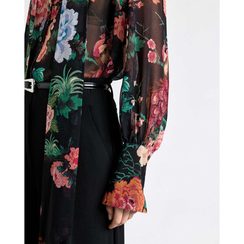 Cue Black Peacock Garden Georgette Tie Neck Blouse image number 2